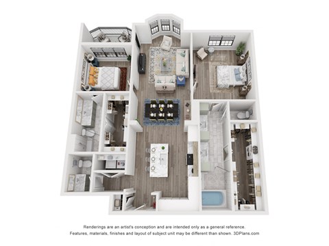 Floor plan for 2 beds, 2.5 baths, 1592 sqft